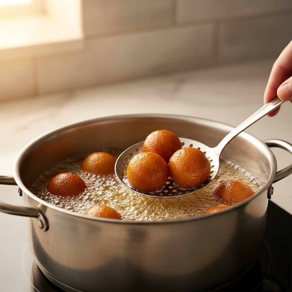 Frying milk gulab jamun balls evenly in a deep pot