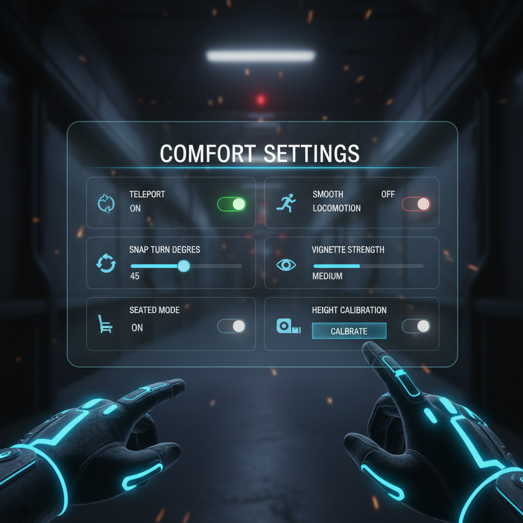 Comfort settings menu in a VR horror game showing locomotion and vignette options