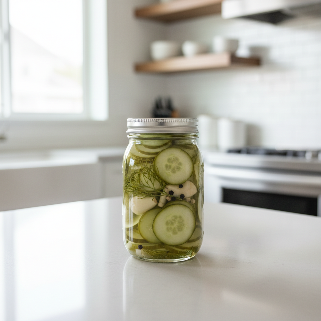 Easy refrigerator cucumber pickles in a glass jar with dill and garlic