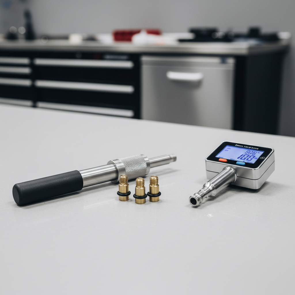 Valve core removal tool and replacement valve cores on a workbench