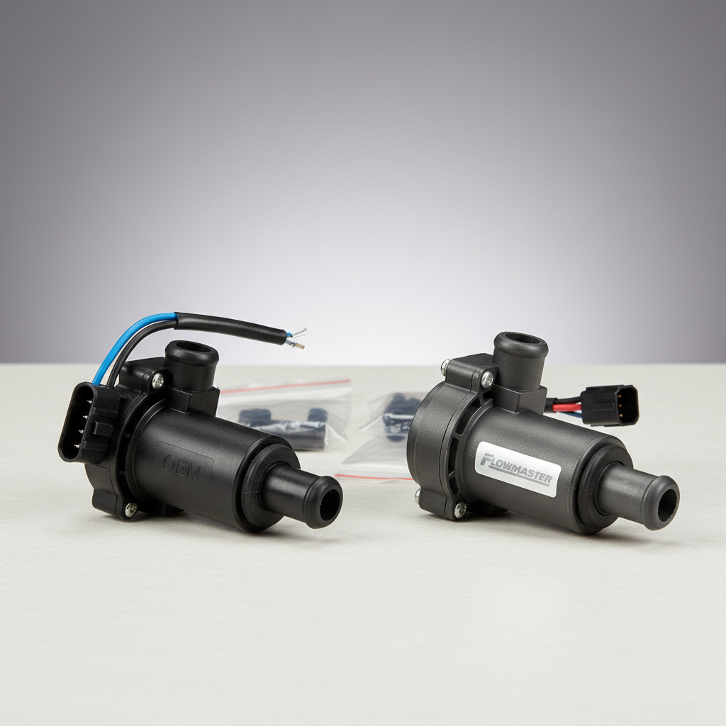 Comparison of OEM and aftermarket windshield washer pumps on a workbench