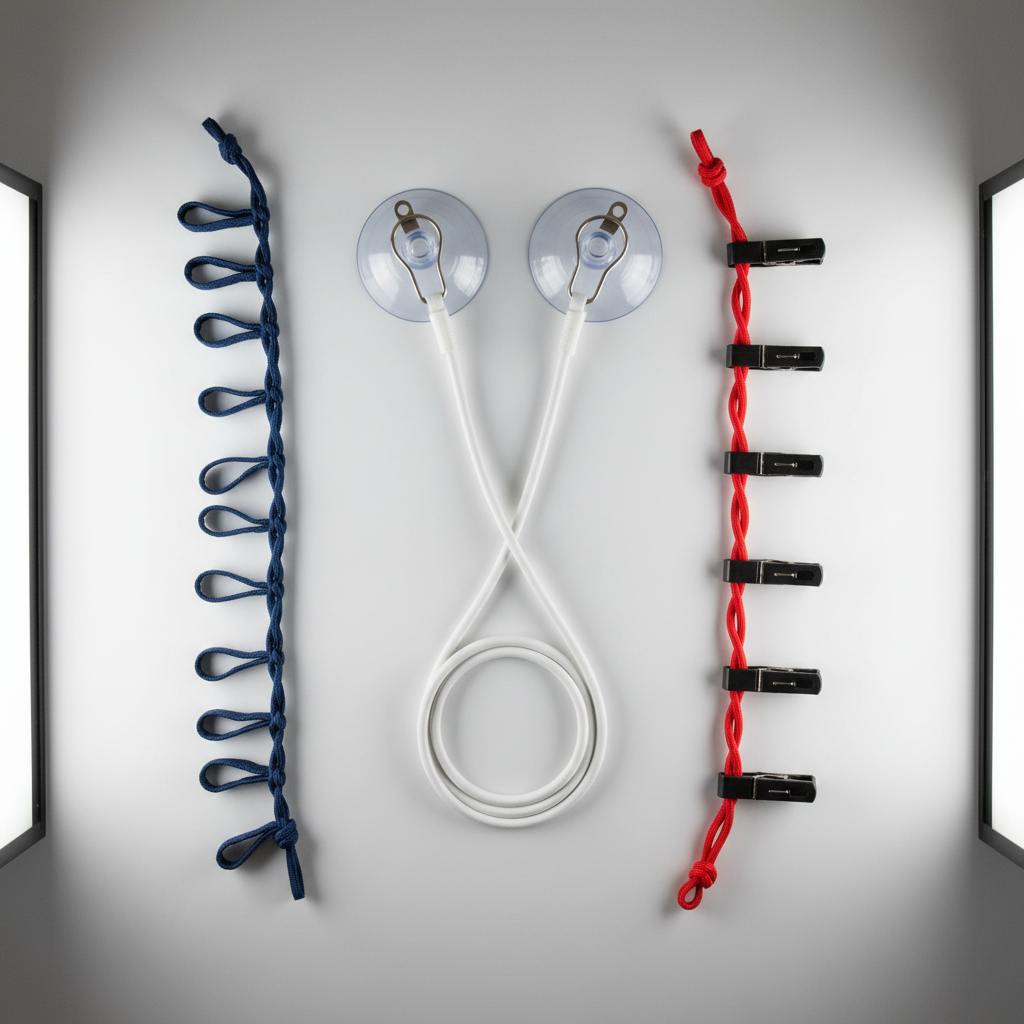 Different styles of travel clotheslines braided suction cup and paracord types