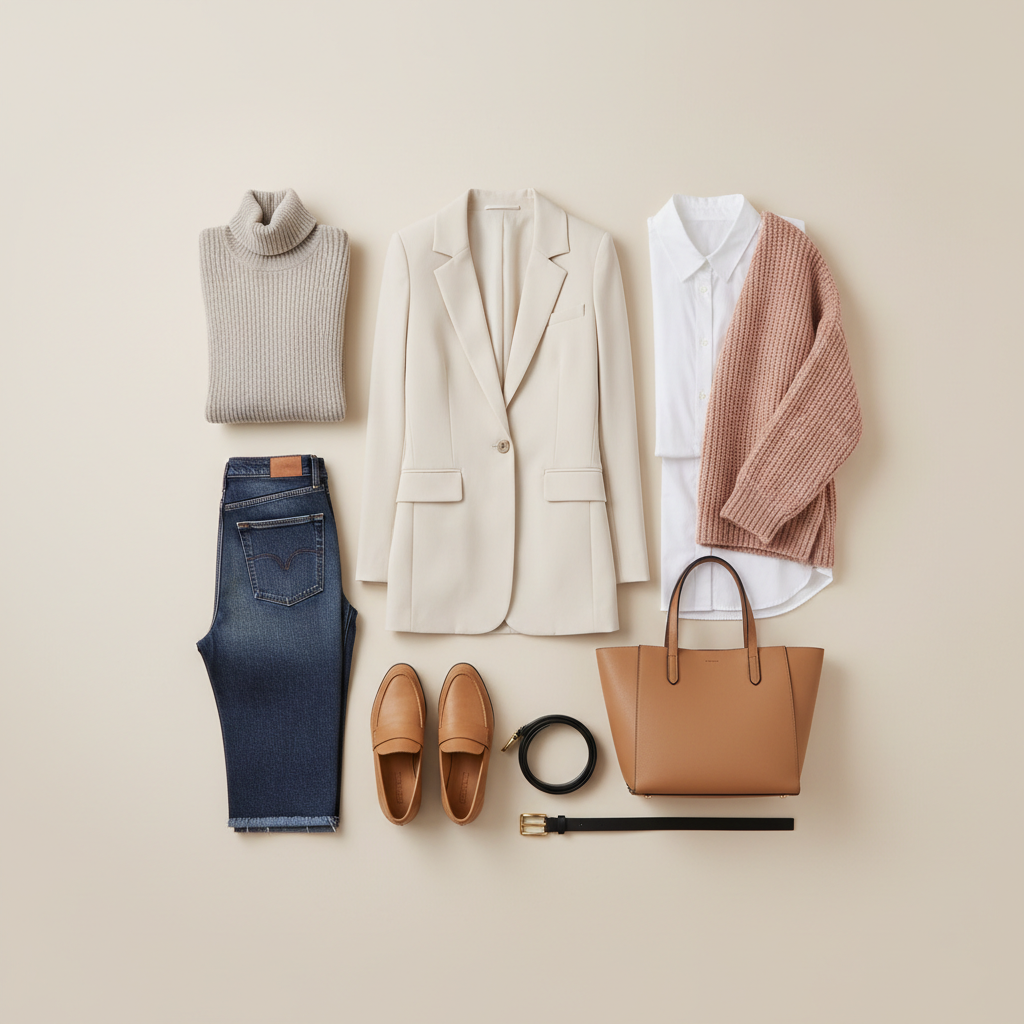 Women’s workwear capsule wardrobe pieces laid out in neutral colors