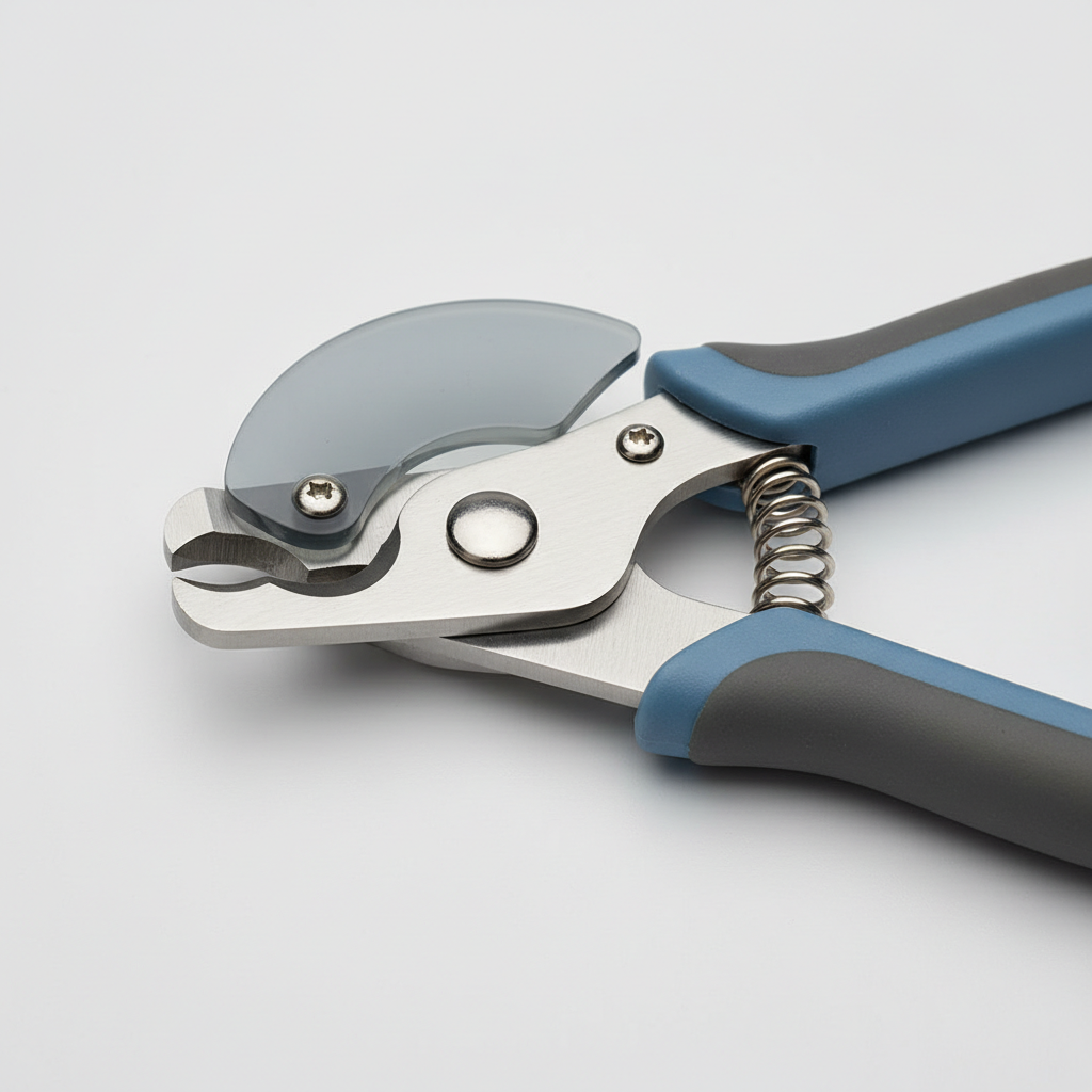 Close-up of scissor-style dog nail clipper showing blade alignment