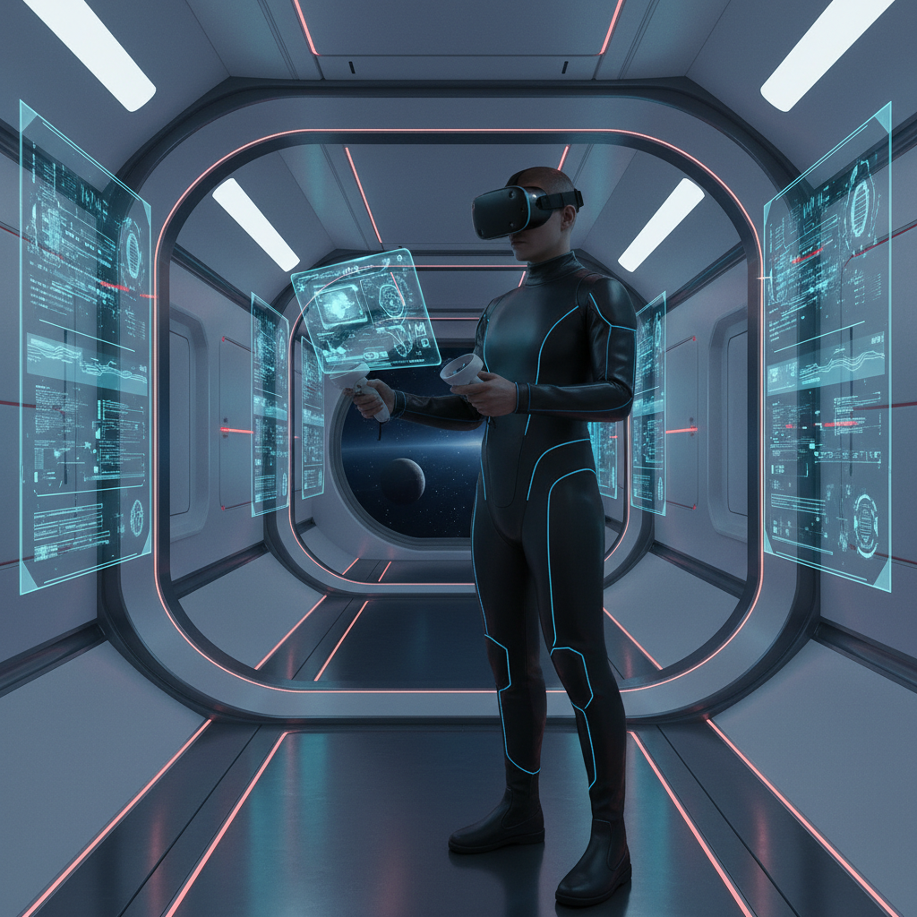 VR player exploring a sci-fi space station corridor searching for clues