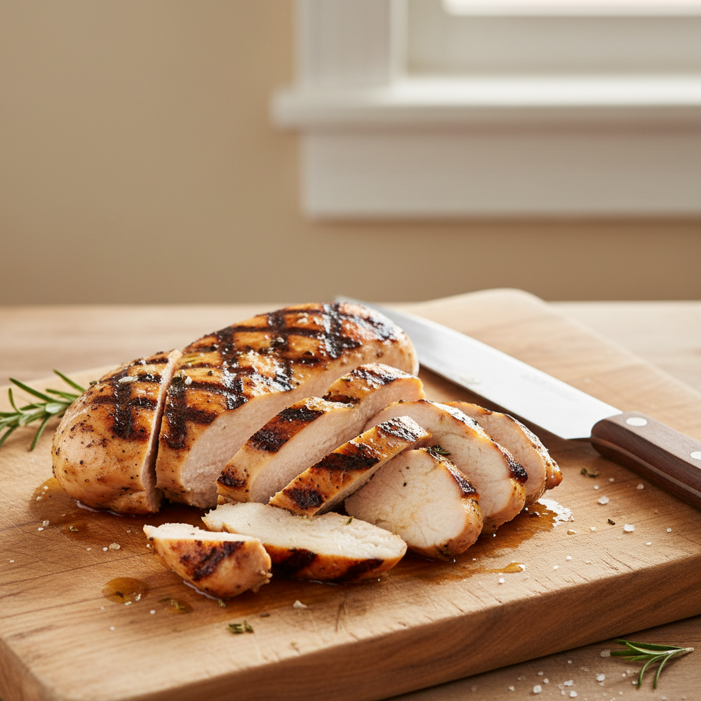Juicy sliced grilled chicken breast with char marks on a cutting board