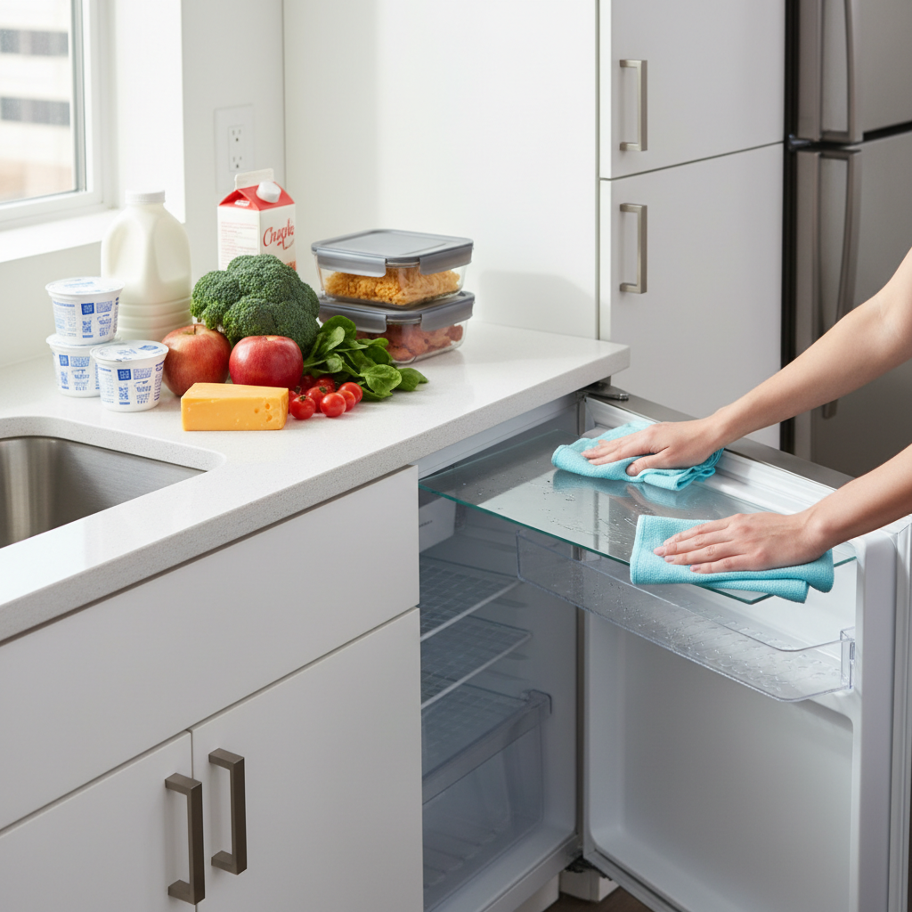 Cleaning and sorting items for organizing a small fridge