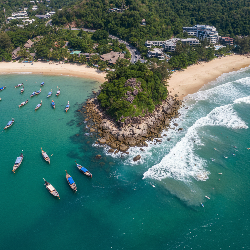 Overview of Phuket beach options showing calm bays and open surf coasts