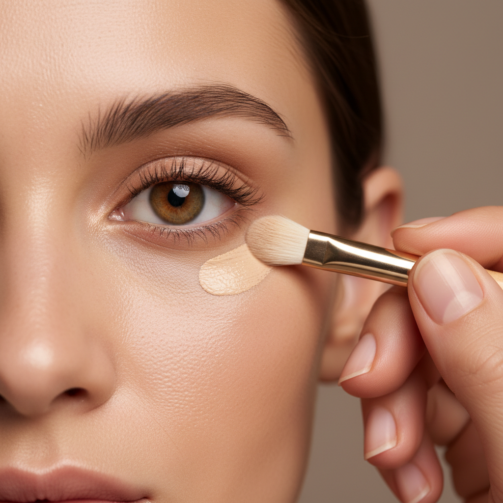 Blending concealer under the eyes with a small brush for natural finish