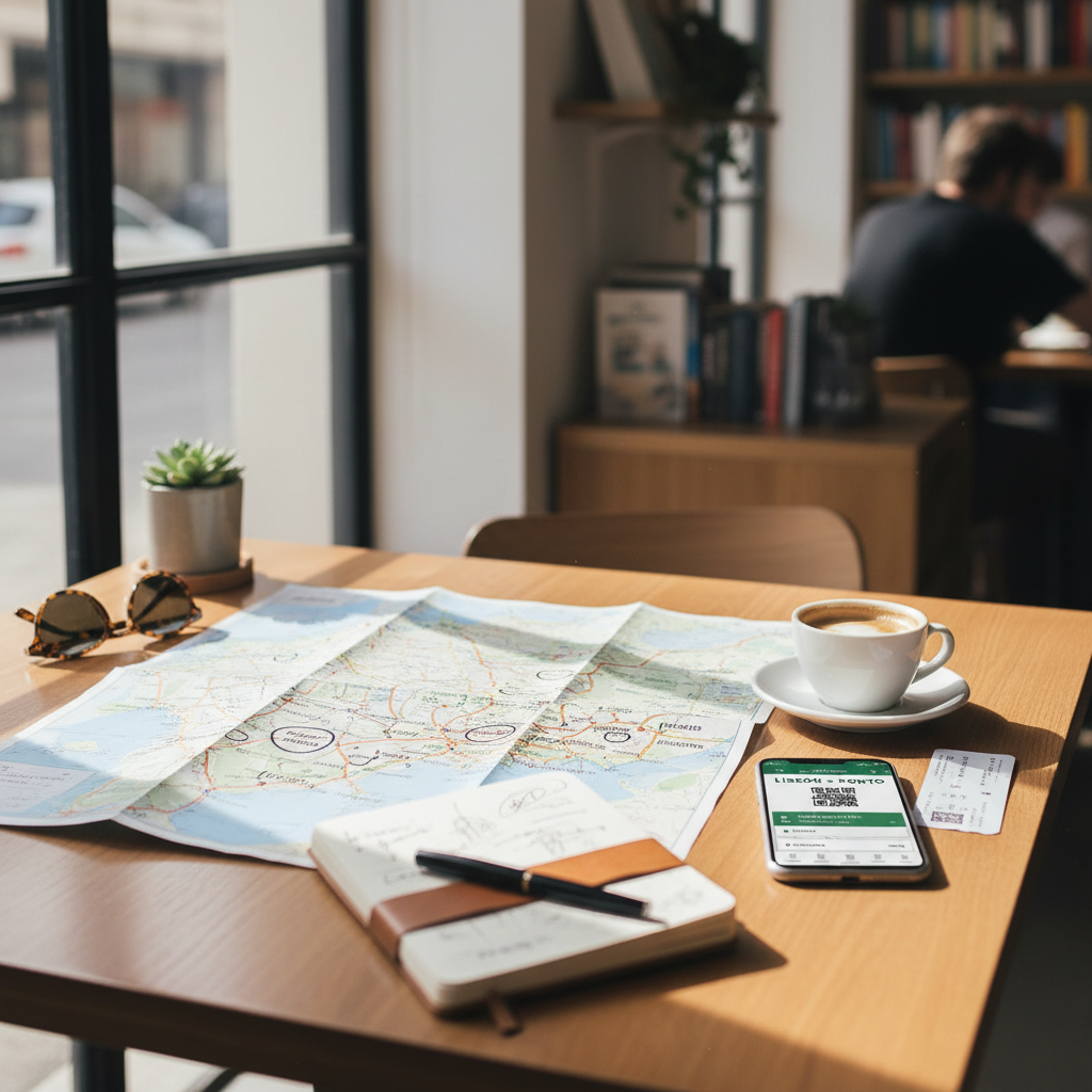 Portugal train travel planning with map, tickets, and smartphone