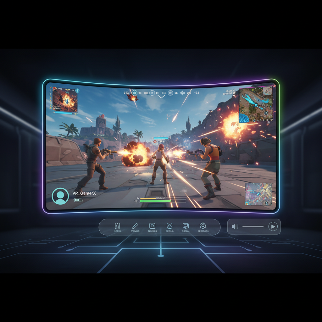VR desktop theater view showing Fortnite on a large virtual screen
