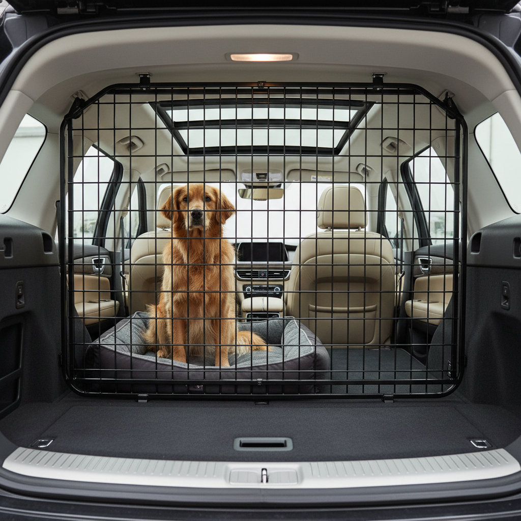 SUV cargo area with a dog behind a pet barrier
