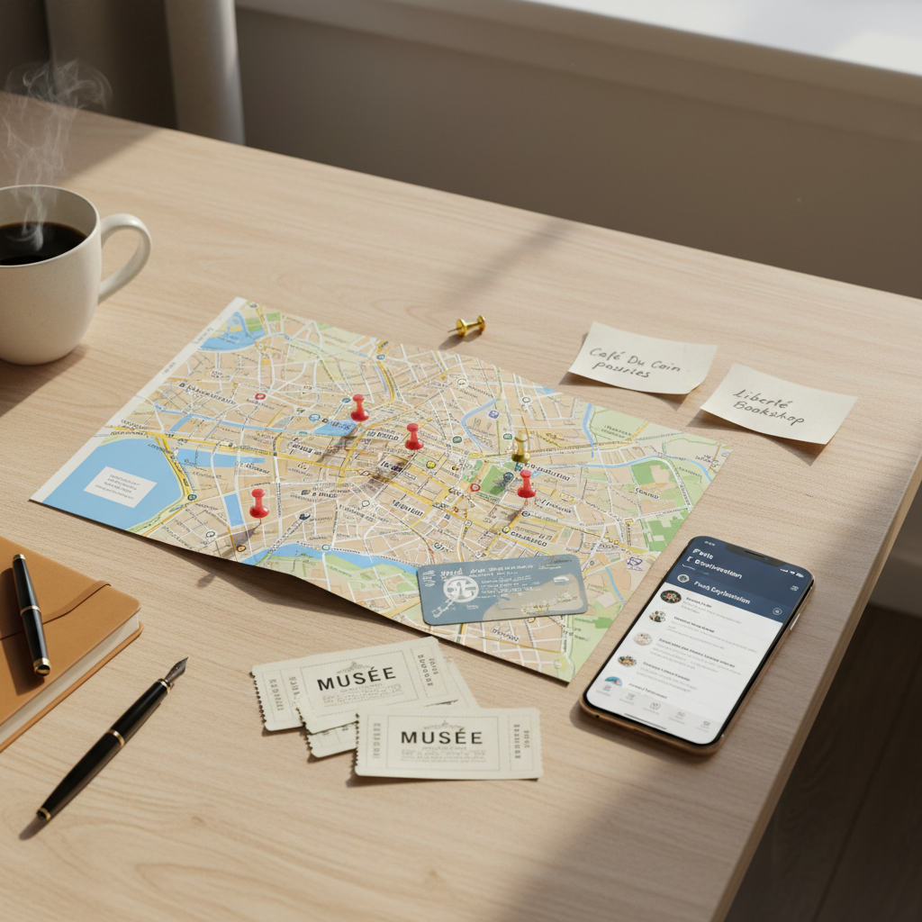 Collage-style travel planning board with museum tickets, map pins, and café notes