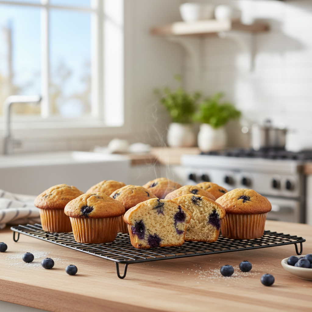 Moist blueberry muffins with tender crumb on cooling rack