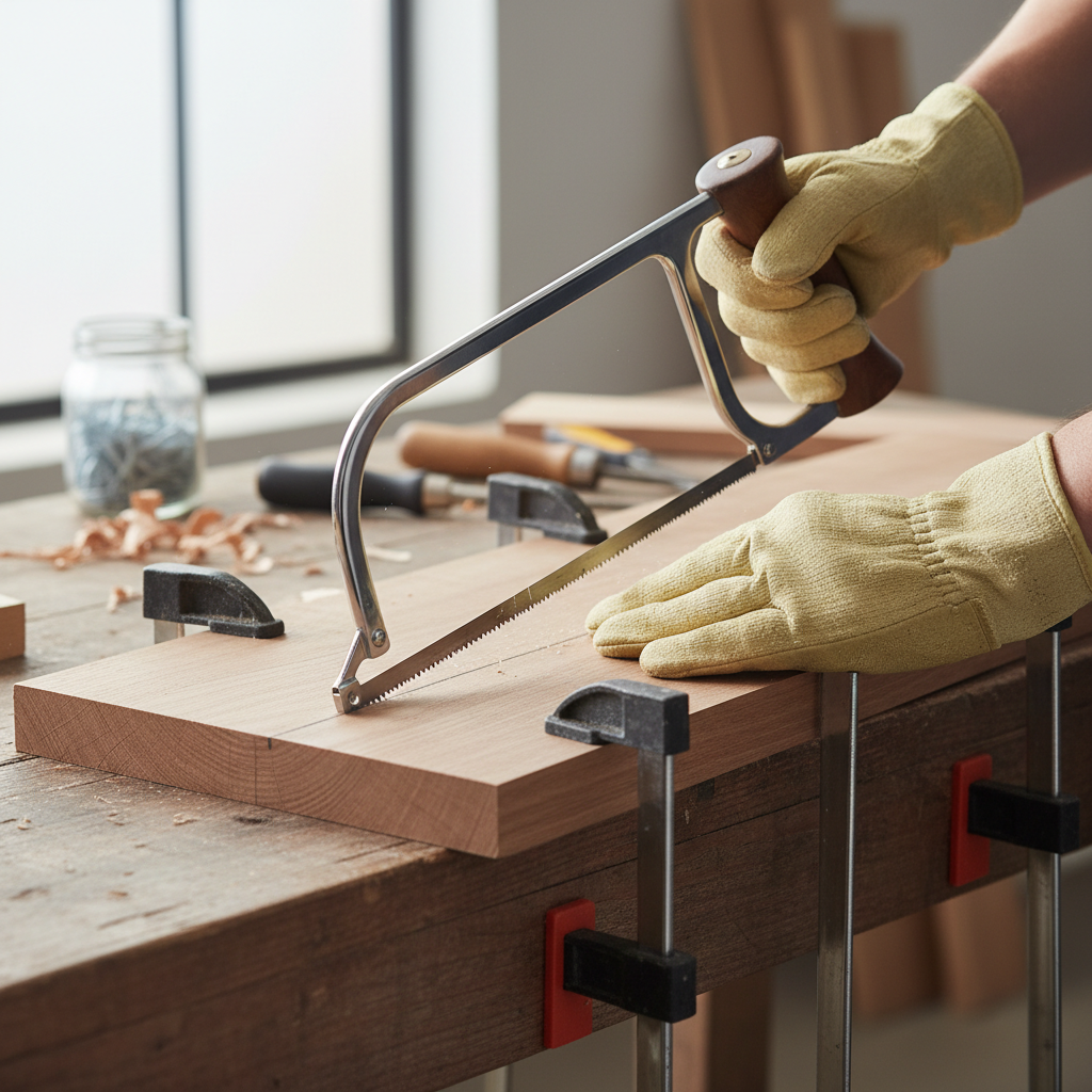Coping saw cutting a curved line on a wood board with a visible pencil layout line