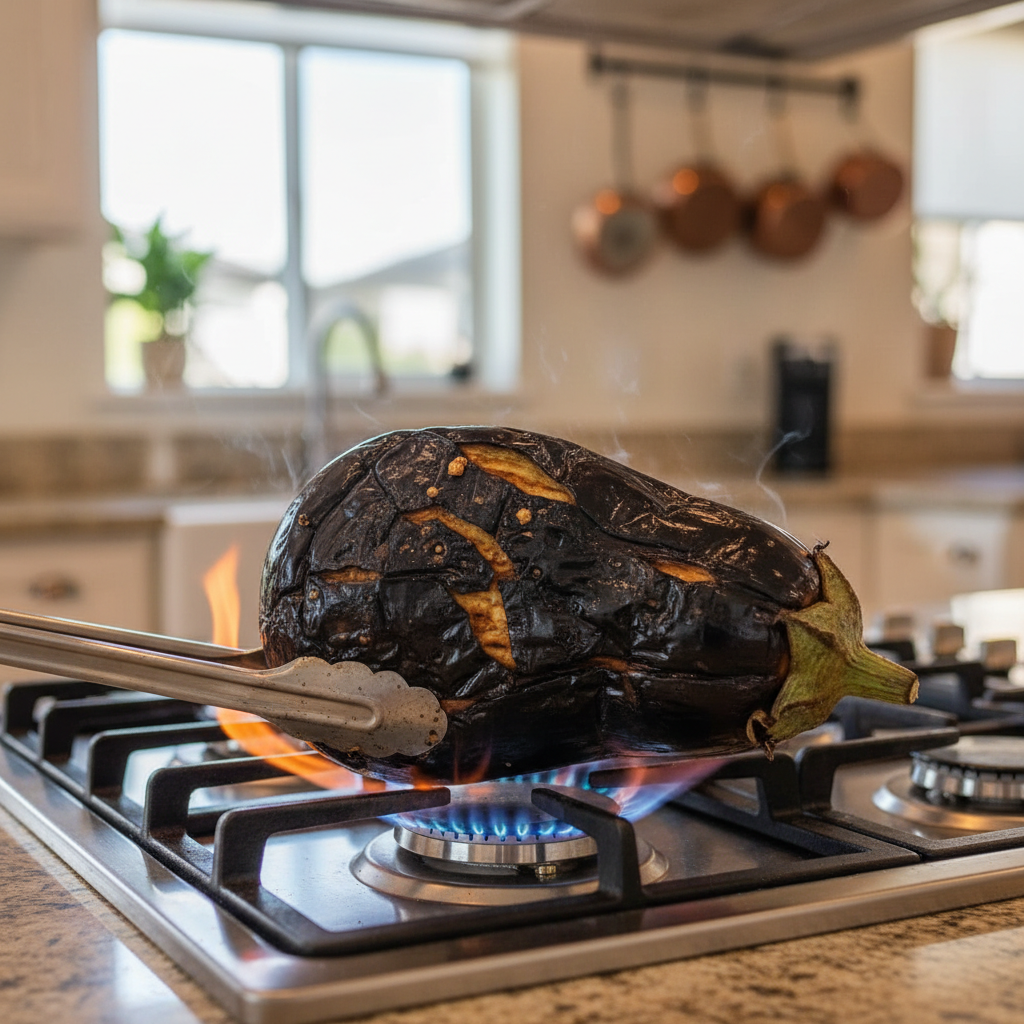 Charred roasted eggplant on a gas burner for baingan bharta