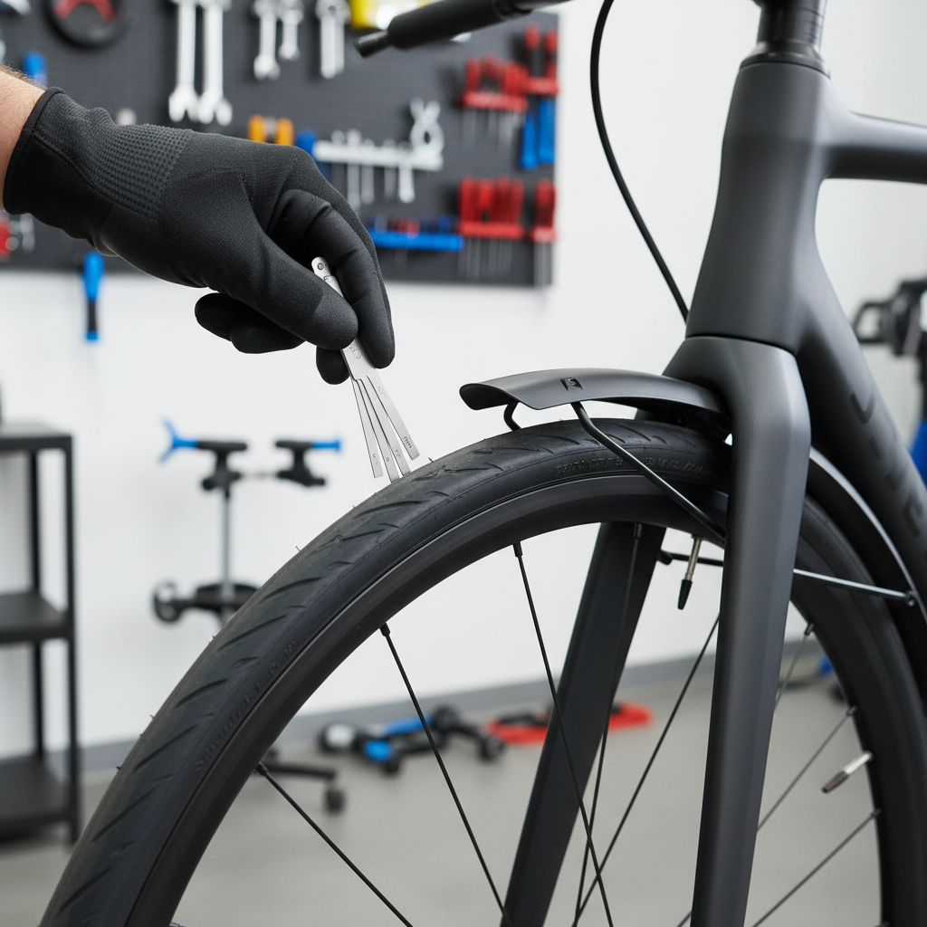 Road bike fender clearance check near fork crown and tire