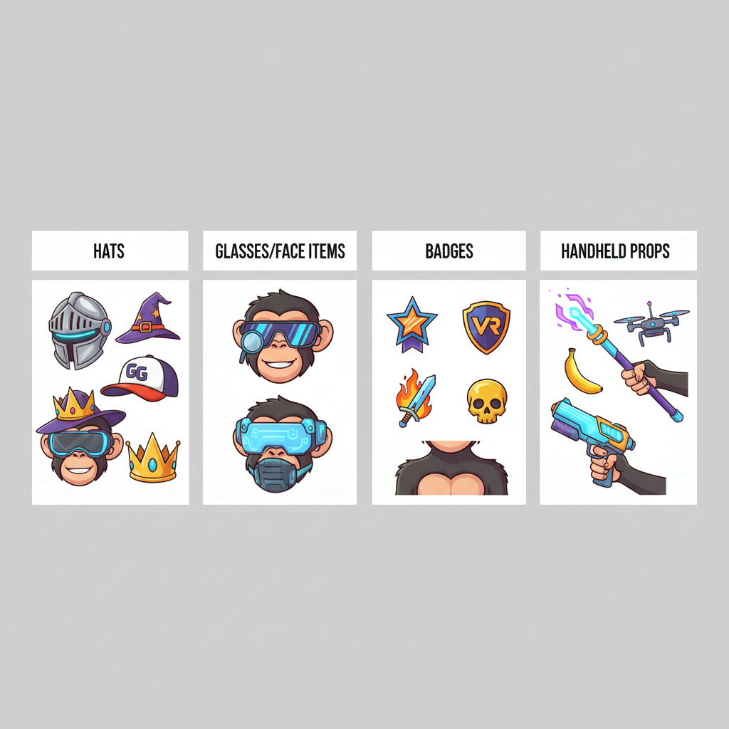 Comparison of Gorilla Tag cosmetic categories like hats, face items, and handheld props