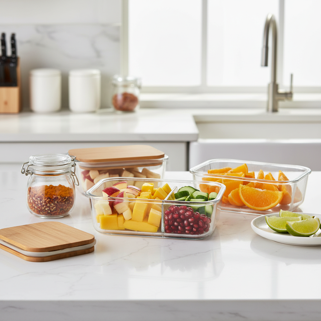 Meal prep containers with chopped fruit and separate spice mix for fruit chaat