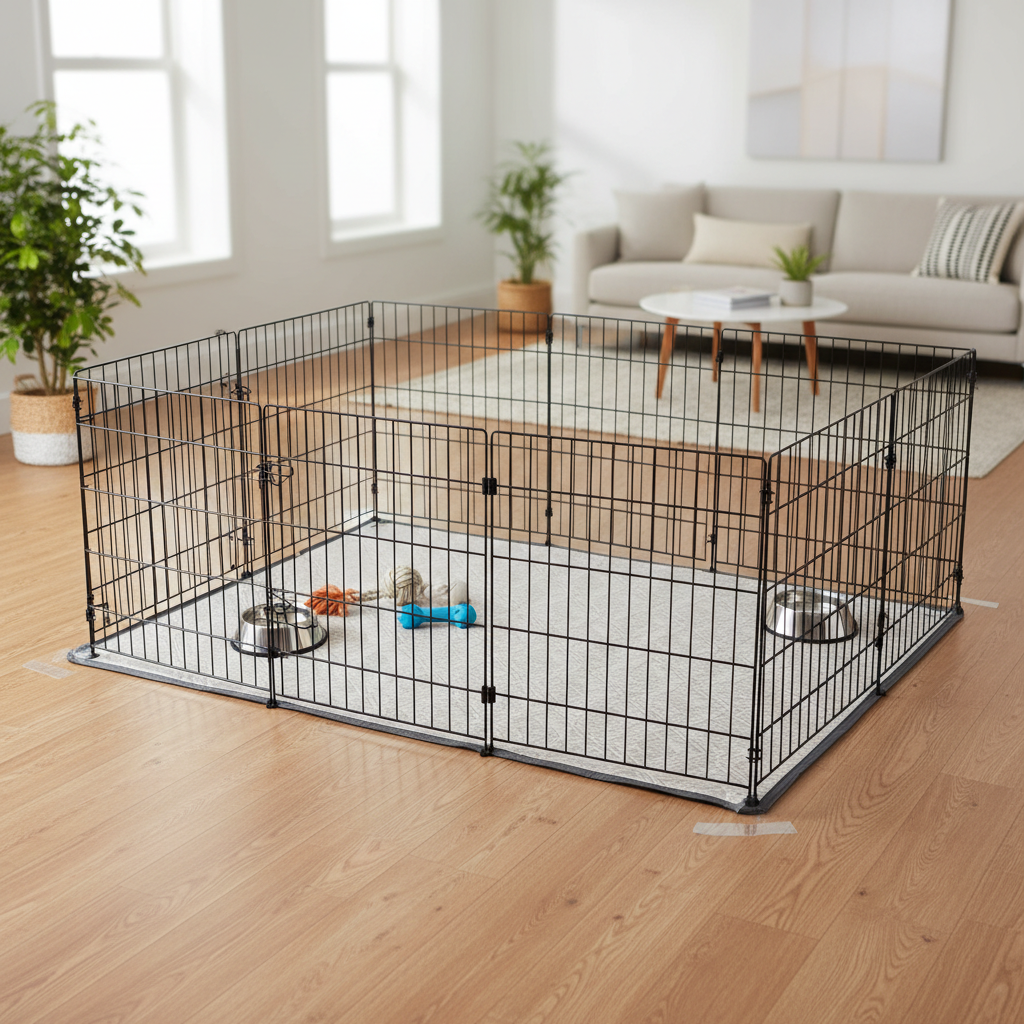 Pet play mat setup under a playpen with taped corners to prevent slipping