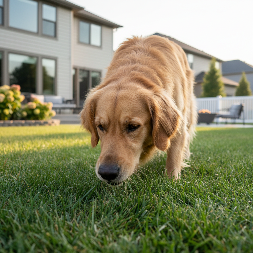 Dog sniffing and nibbling grass in a suburban yard on a sunny day
