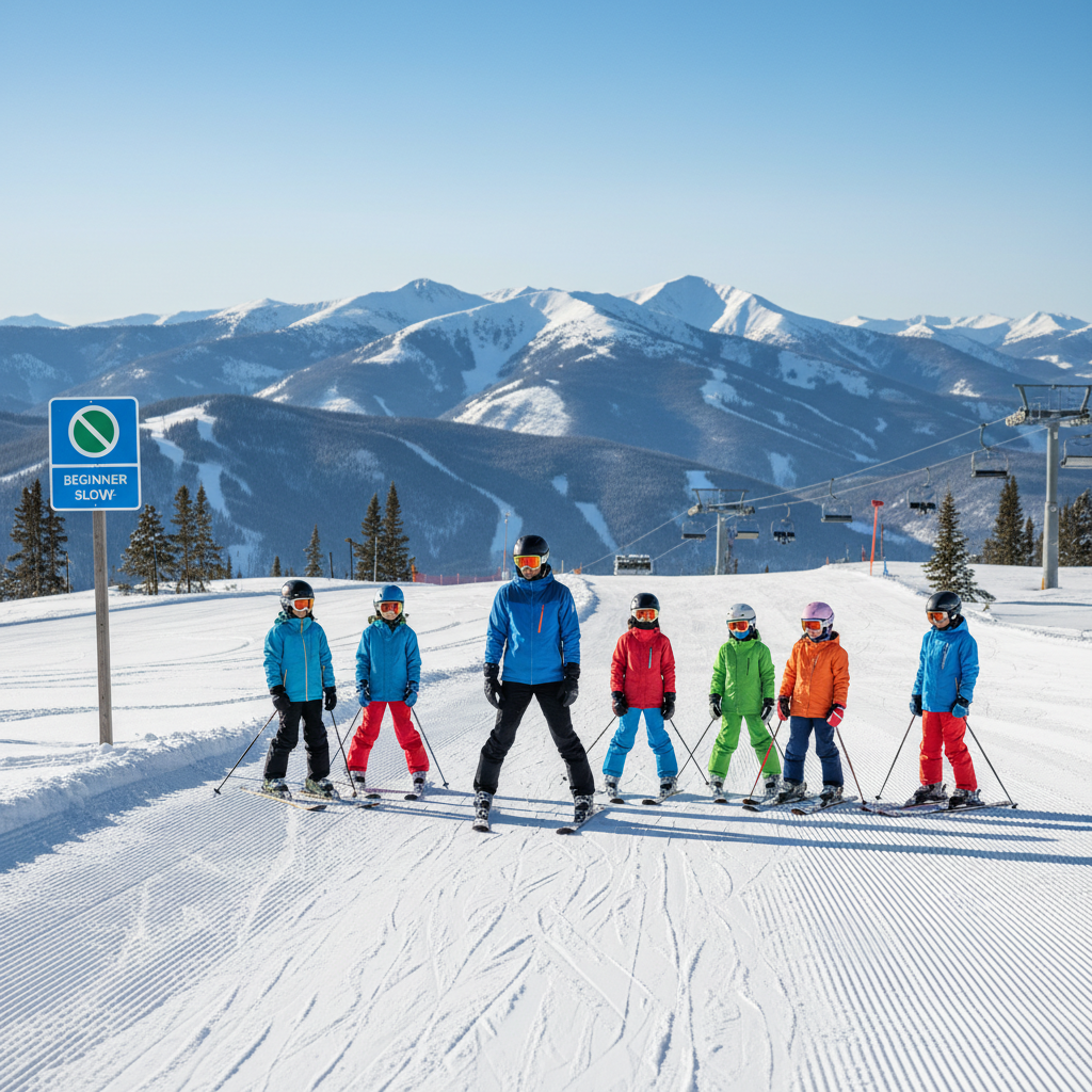 Beginner skiers taking a lesson on a wide green run at a ski resort