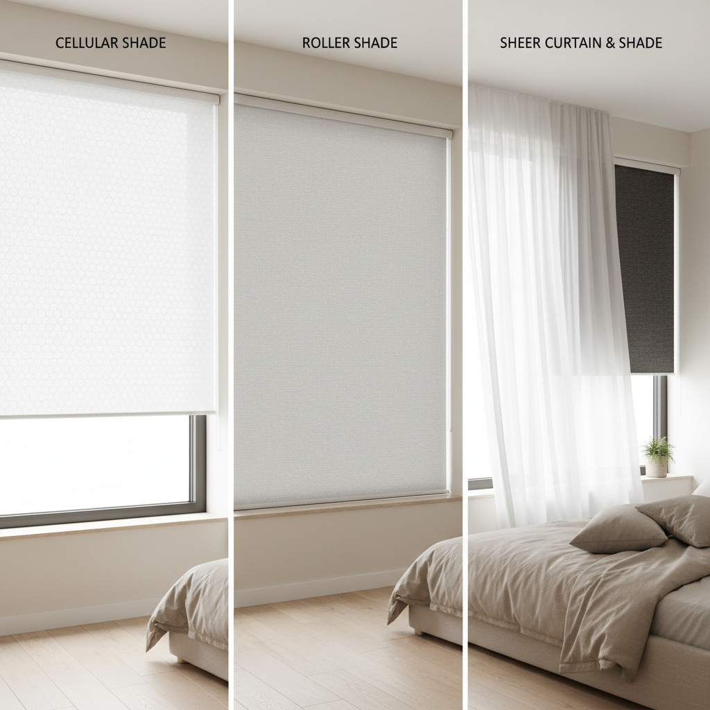 Comparison of shades and curtains in a small bedroom layout