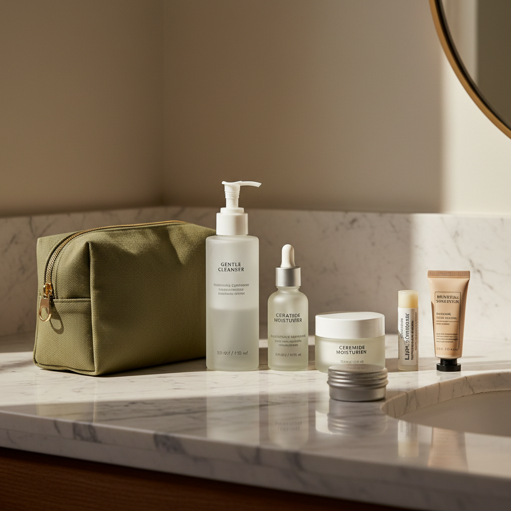 Minimalist travel skincare routine on a bathroom counter for hydrated skin