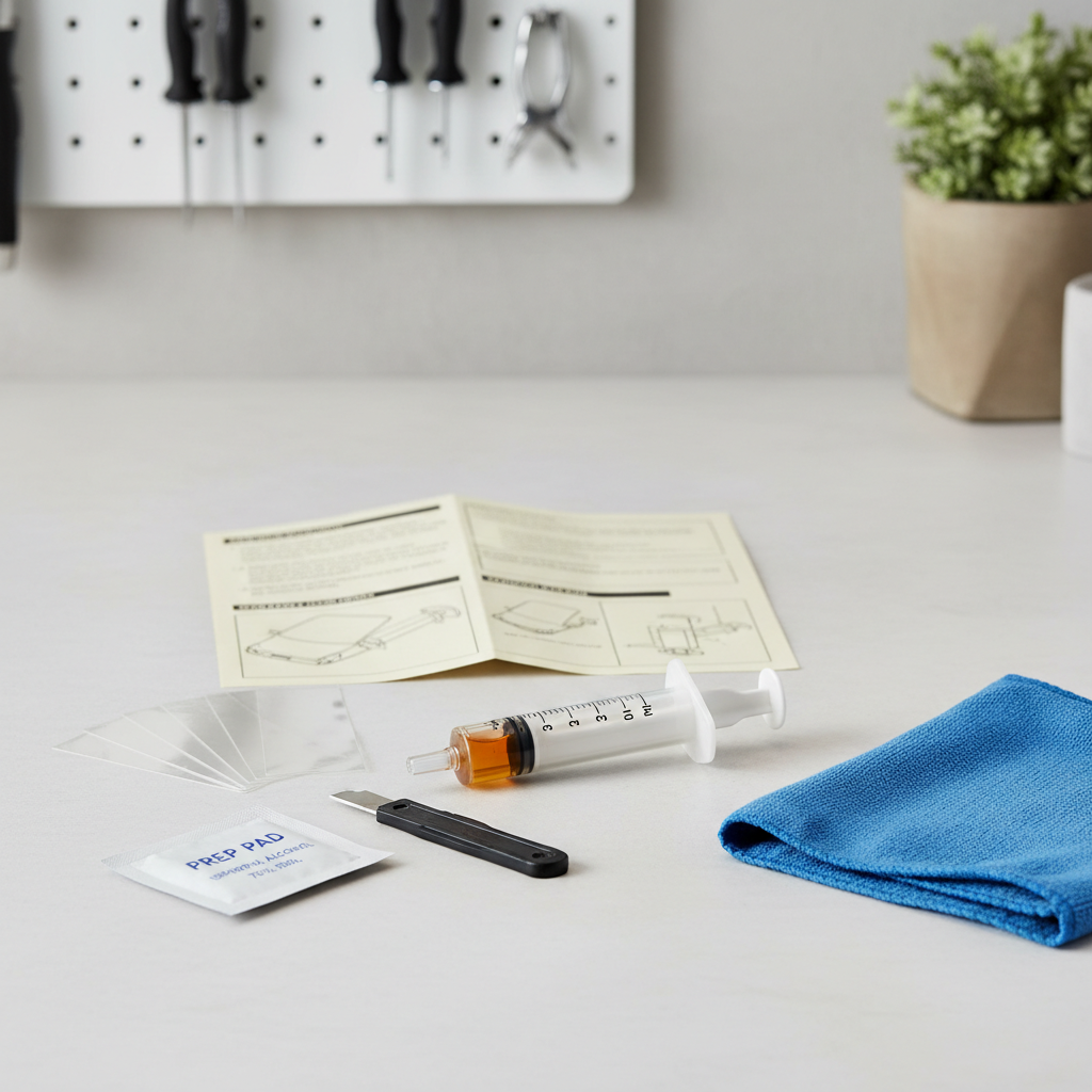 Windshield chip repair kit tools laid out on a clean work surface