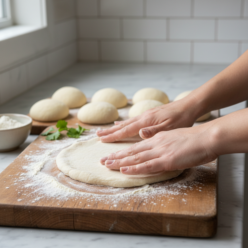 Hands shaping naan dough into rounds on a floured board