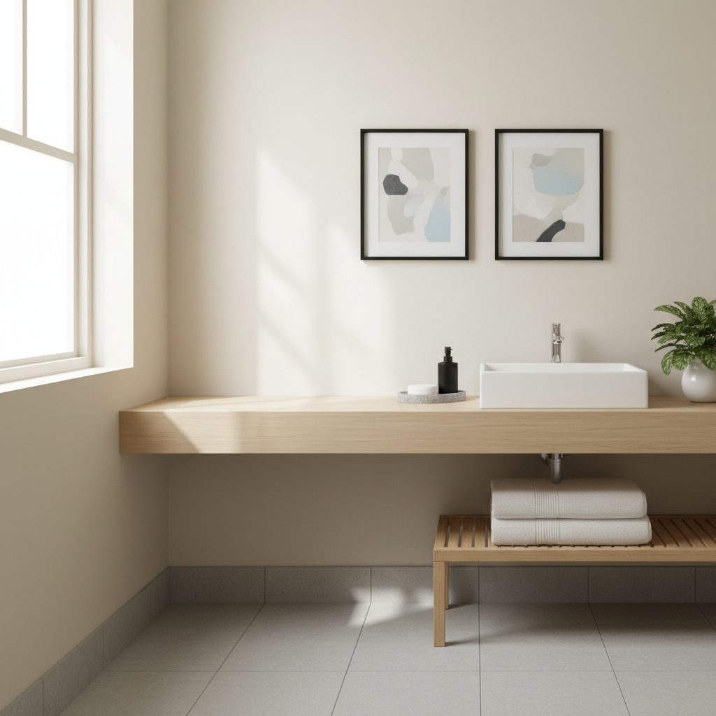 Spa-like small bathroom styling with plush towels and neutral palette