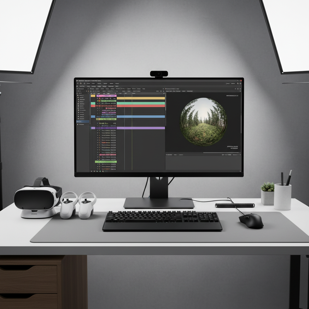 Editing VR 360 footage on a desktop timeline with a headset nearby