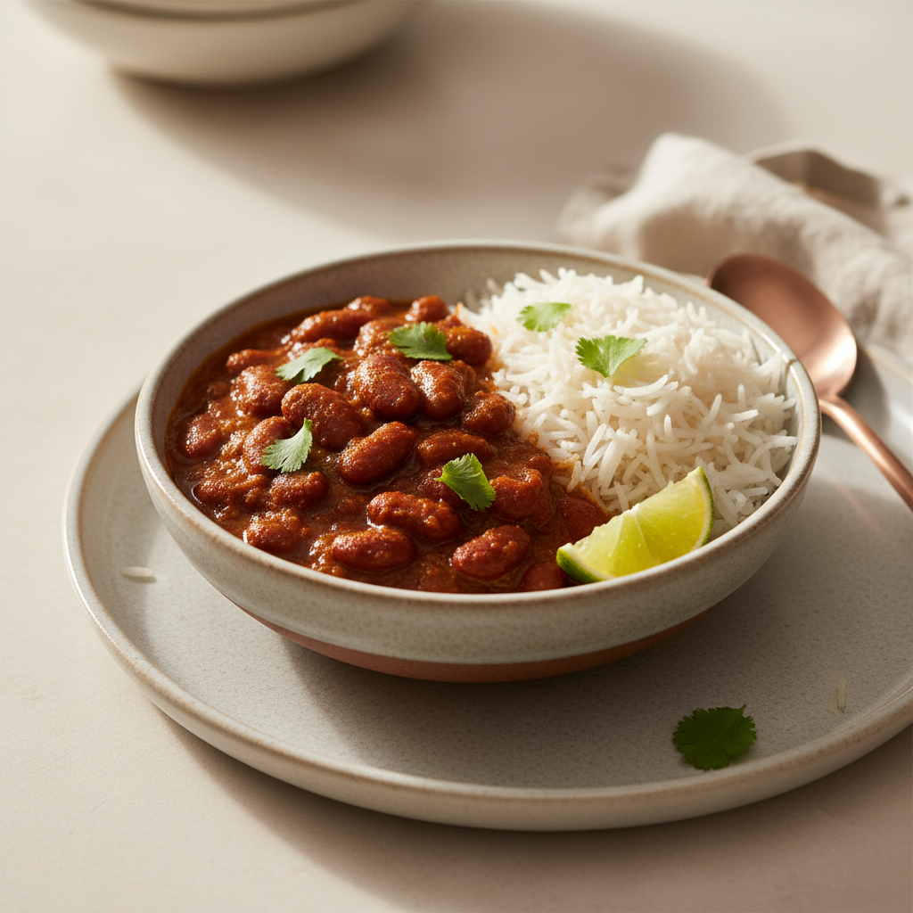 Bowl of kidney bean rajma curry with basmati rice and cilantro