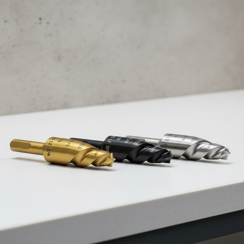 Comparison of step drill bit coatings and step markings on a workbench