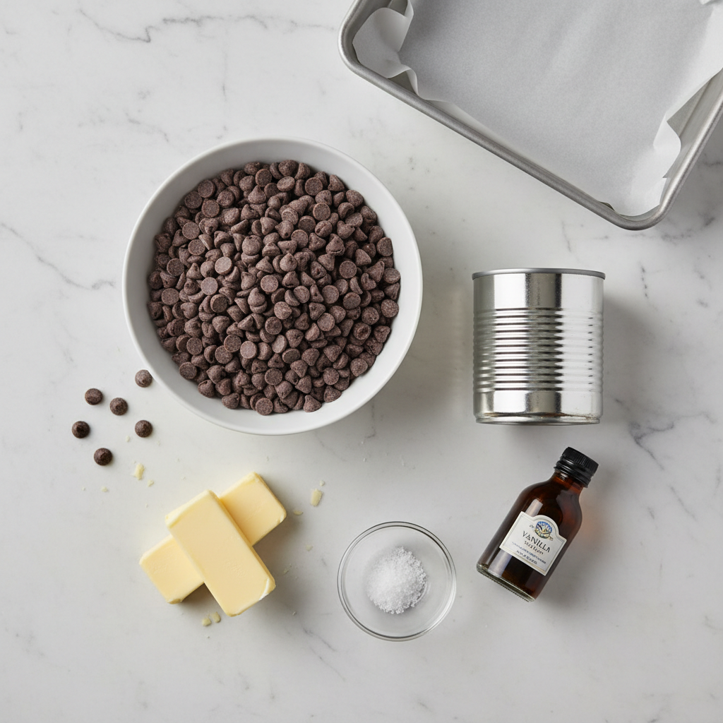 Overhead view of condensed milk, chocolate chips, butter, and lined pan for fudge
