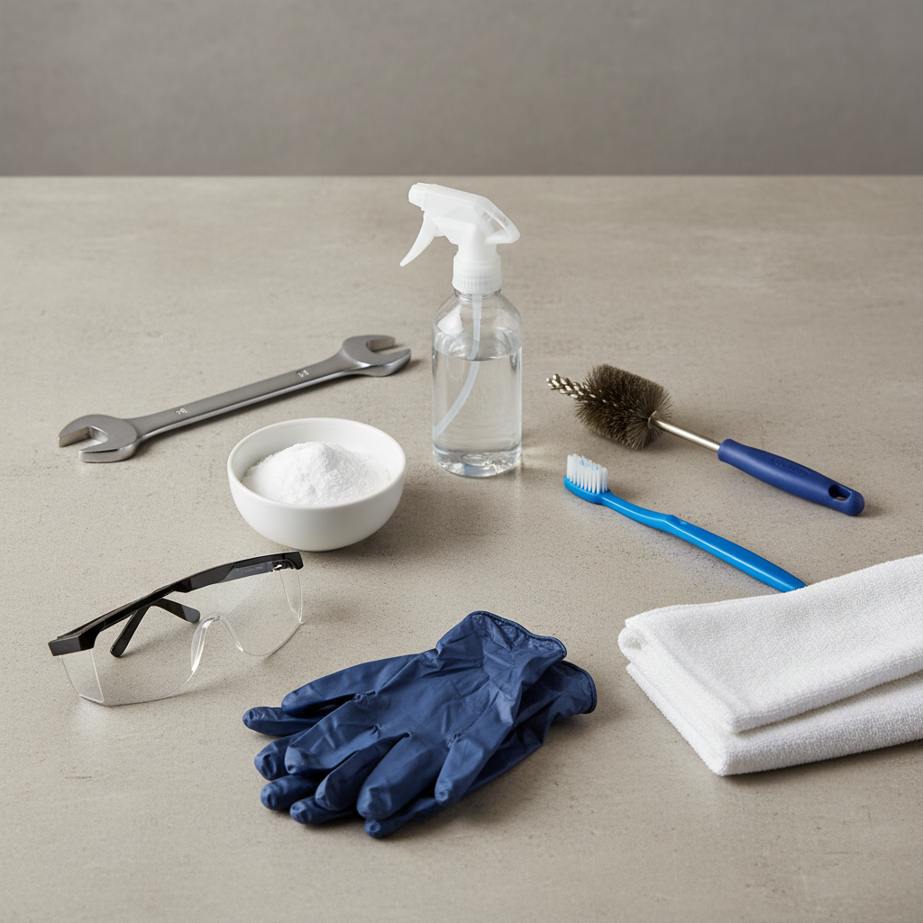 Battery terminal cleaning tools including brush, baking soda, gloves, and wrench