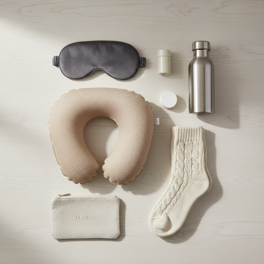 Compact travel sleep kit packed for a flight
