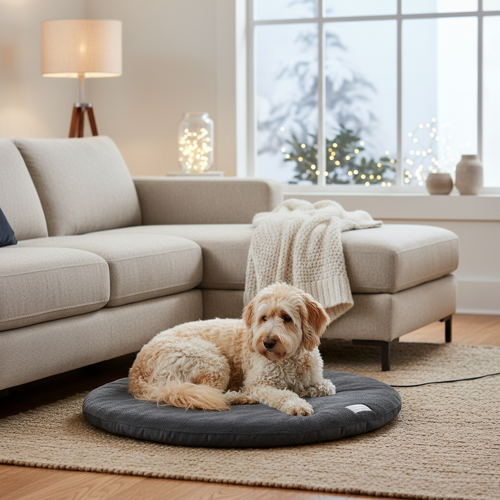 Dog resting on a pet heating pad in a cozy winter living room