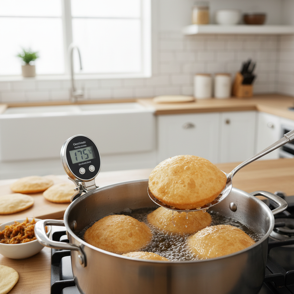 Deep-frying pyaz kachori at steady temperature in a home kitchen