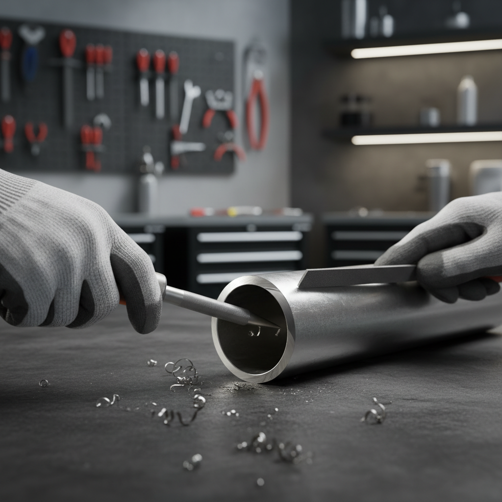 Deburring and filing a freshly cut metal pipe end for a clean fit