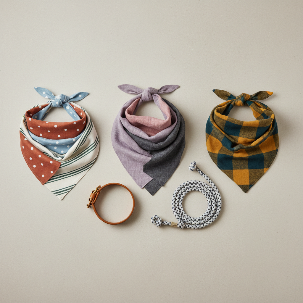 Modern flat lay of fashionable dog bandanas with different fabrics and patterns