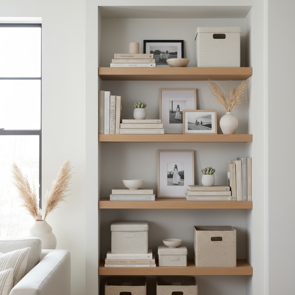 Decorative storage boxes styled on a living room shelf with books and framed photos