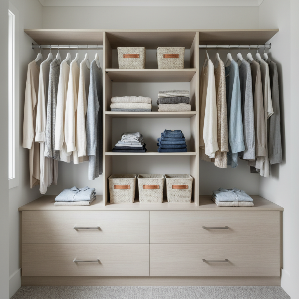 Small bedroom closet with modular shelving and double hanging rods