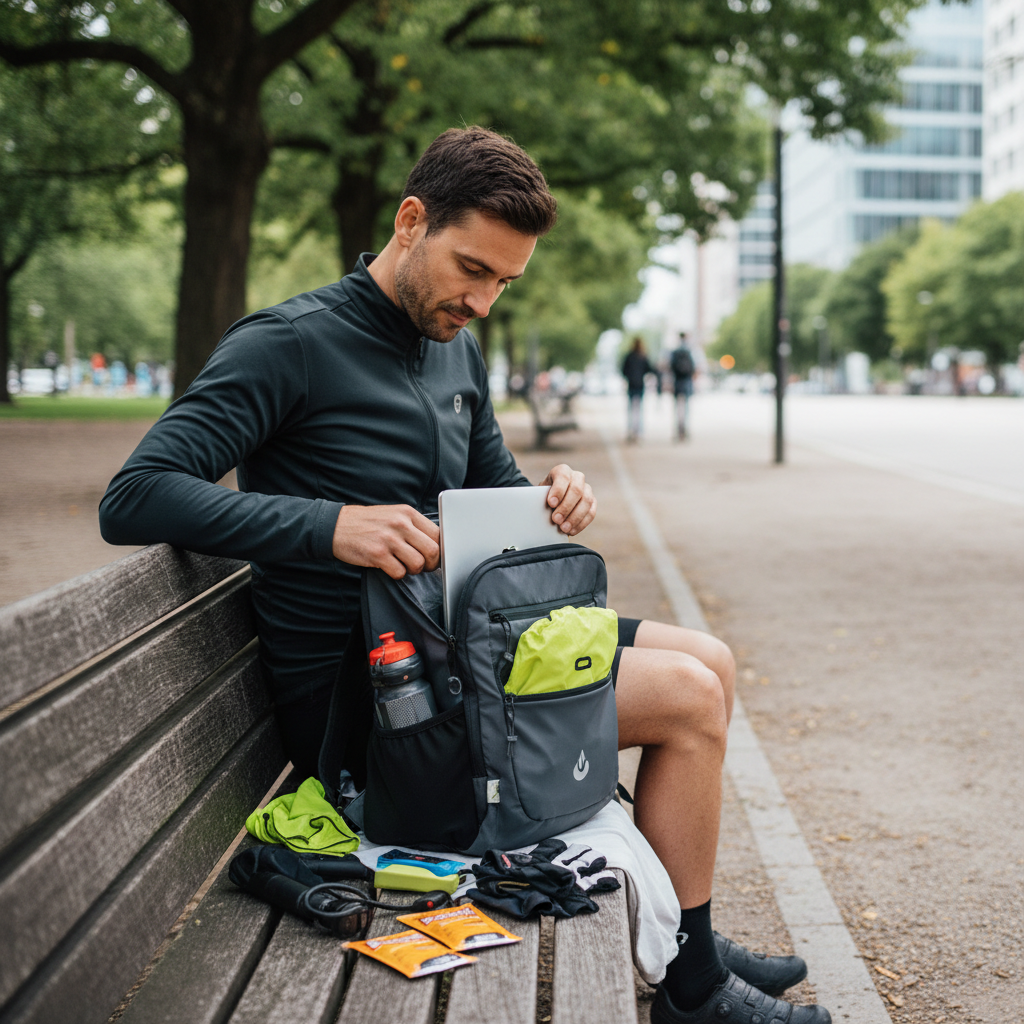 Cyclist packing a backpack with laptop sleeve, rain cover, and reflective light mount