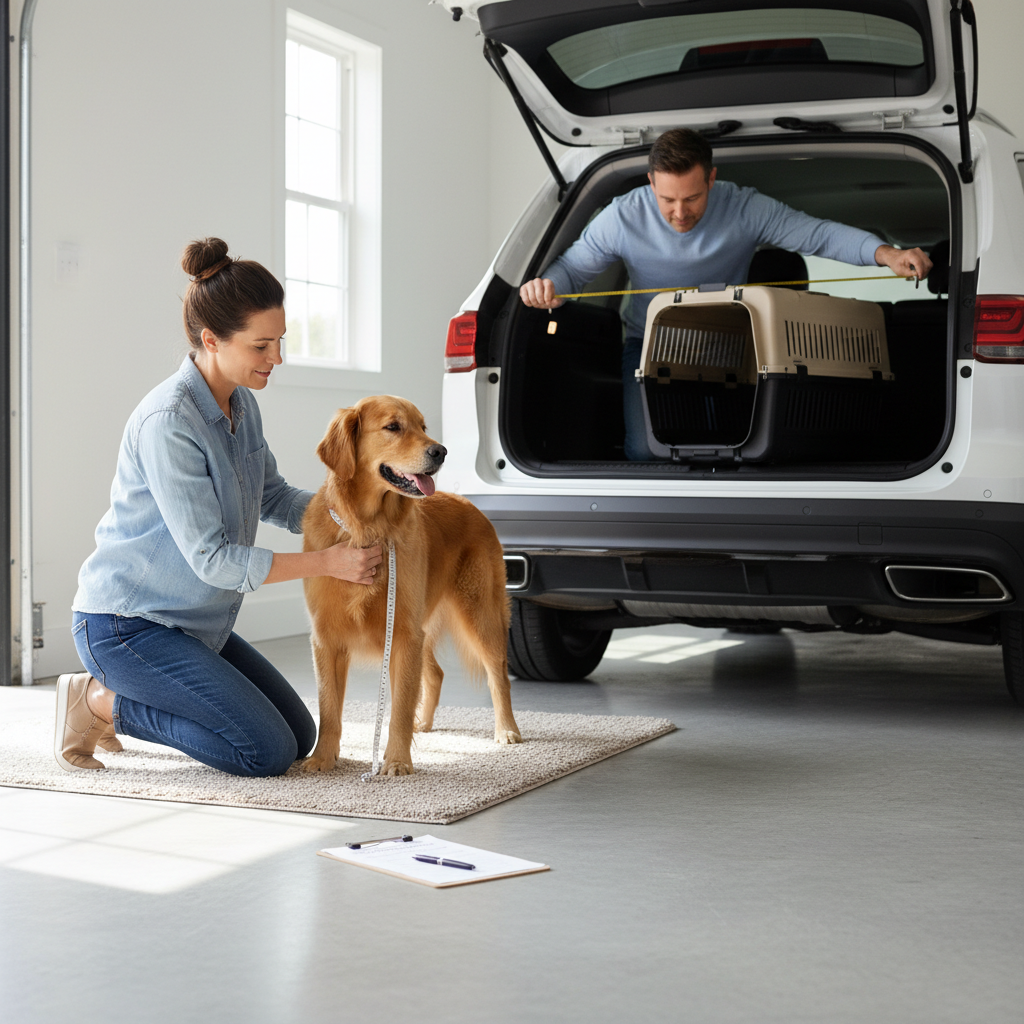 Measuring a dog and car cargo area for choosing a travel crate