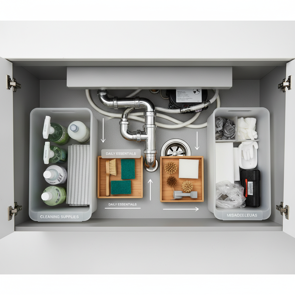 Under-sink cabinet layout showing plumbing cutout and three storage zones
