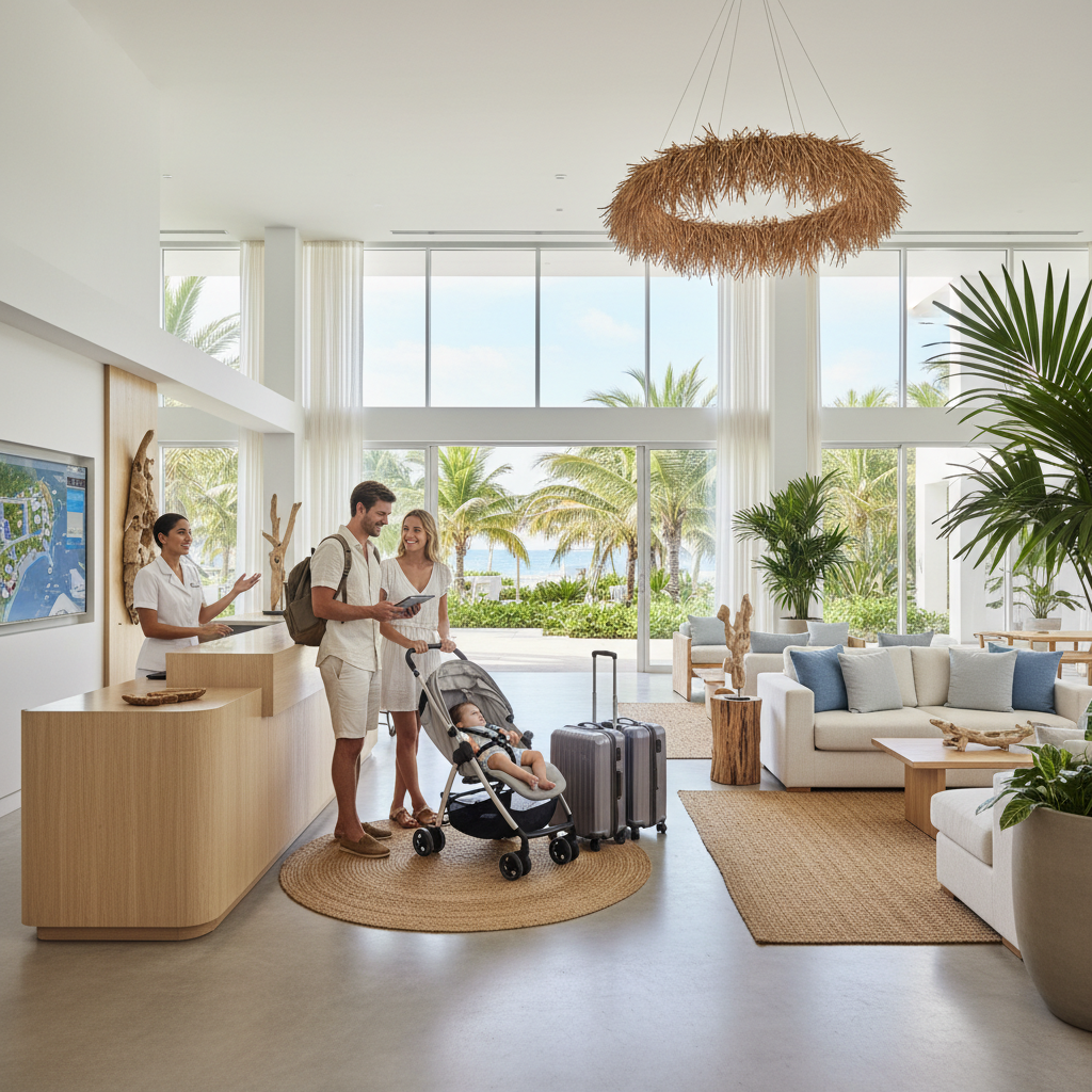 Family checking in at a beach resort front desk with luggage and stroller