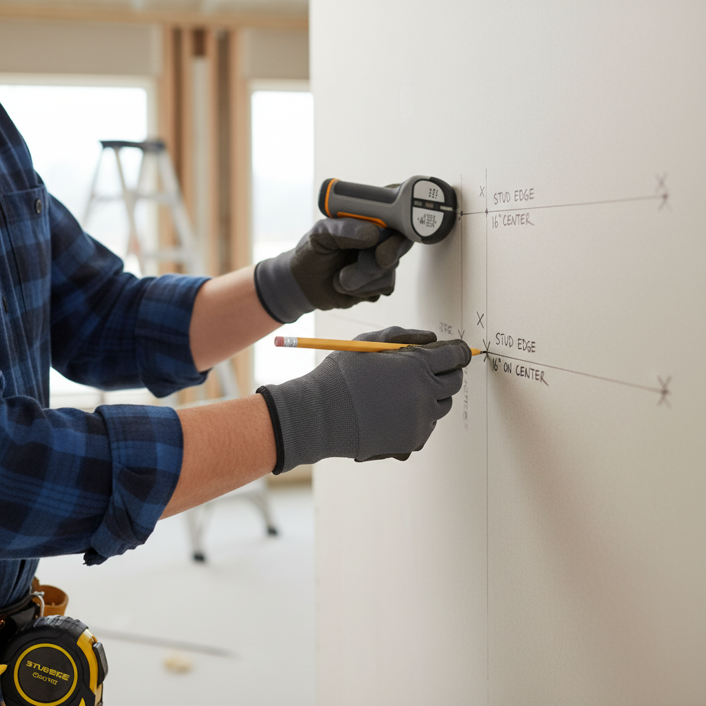 Marking stud edges and center with pencil after scanning the wall