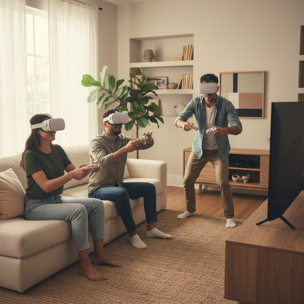 Friends playing VR co-op in a living room with headsets and controllers