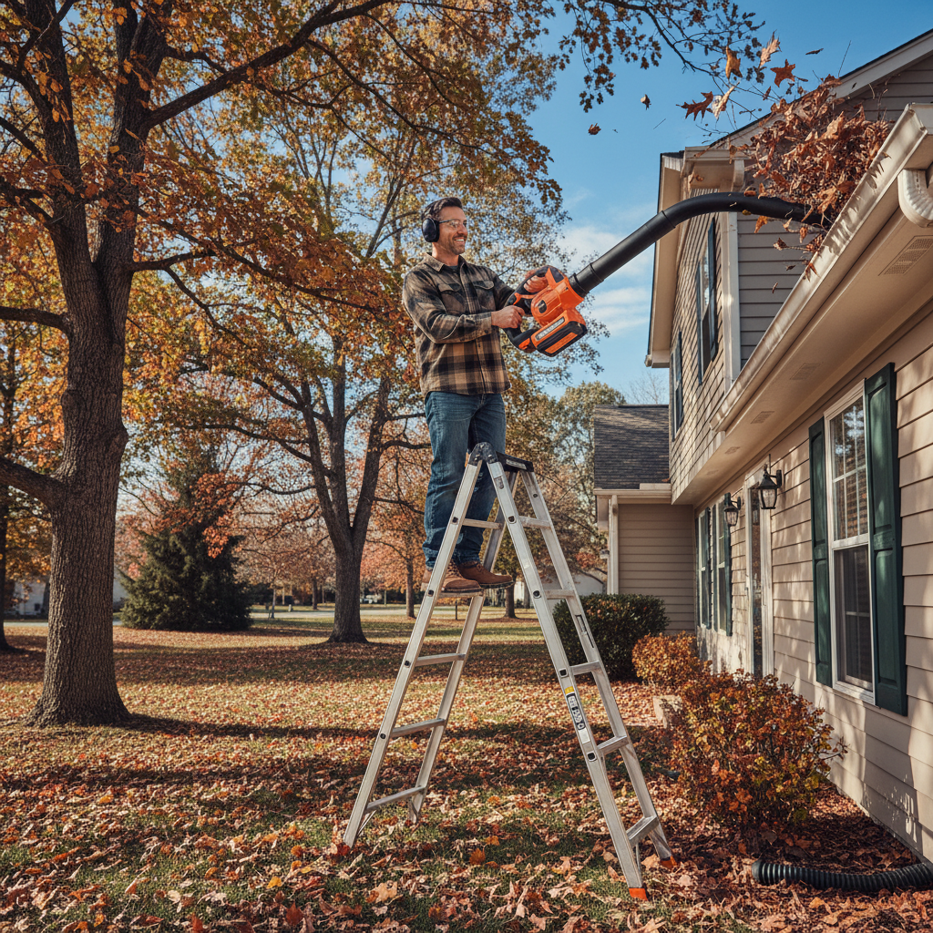 Homeowner using a leaf blower gutter cleaning kit from a ladder